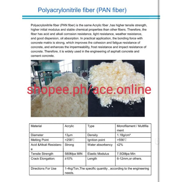 PAN Fiber (Polyacrylonitrile fiber) 100grams for Concrete reinforcement